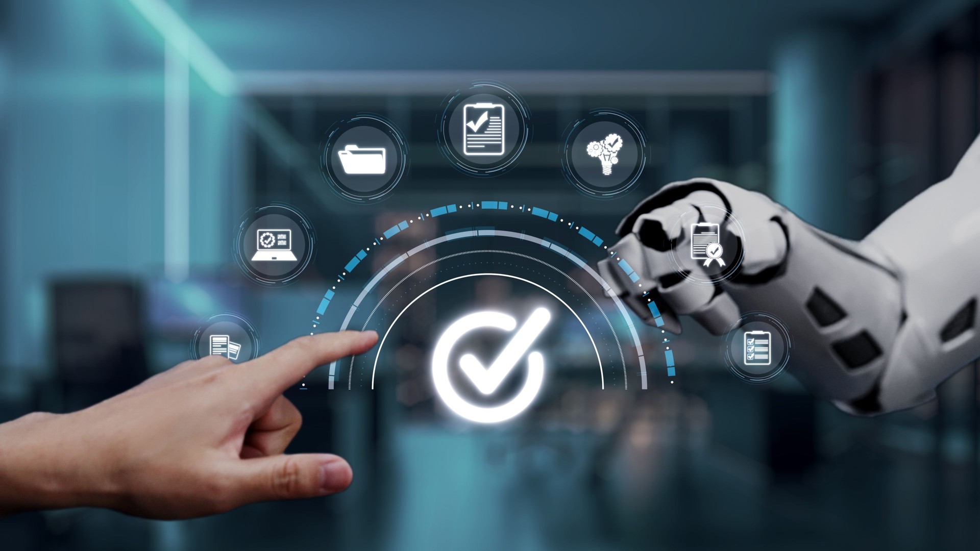 Human Hand Interacting with Robotic Hand and Digital Interface in Modern Office Setting Representing Future Technology and Automation Concepts. Auvana