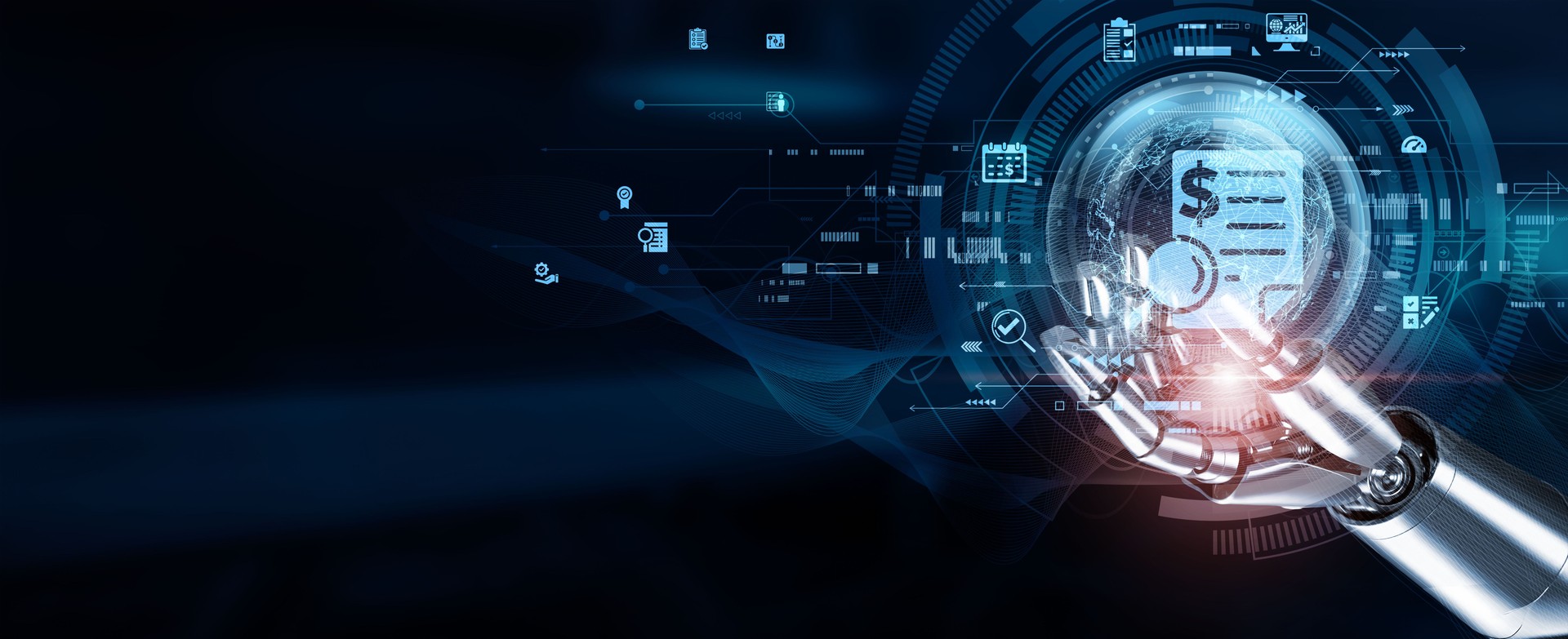 Hands of robots touch Audit through automated data collection, real-time monitoring, risk assessment tools, compliance checks, fraud detection algorithms, audit trail generation.